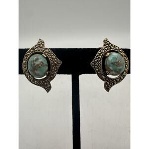 VTG Signed Sarah Cov Gold Tone And Multicolor Cabochon Center Clip-On Earrings